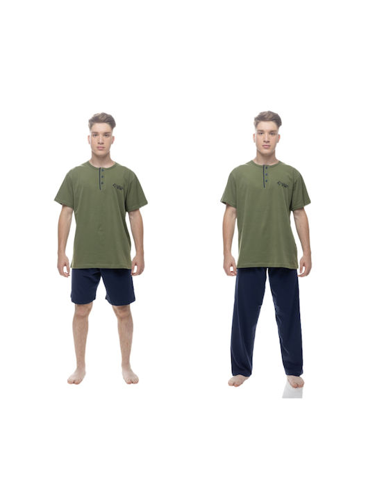 Galaxy Καλοκαιρινές Ανδρικές Πυζάμες Βαμβακερές Χακί με δυο παντελόνια