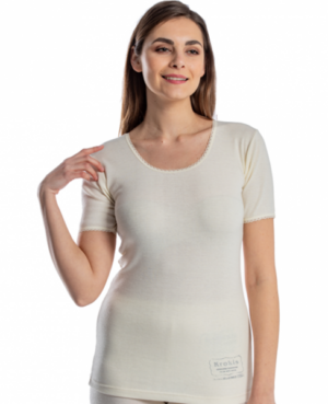 Φανέλα γυναικεία λεπτή μισομάλλινη με κοντό μανίκι 50% Μαλλί 50 % βαμβάκι.(λεπτή πλέξη)