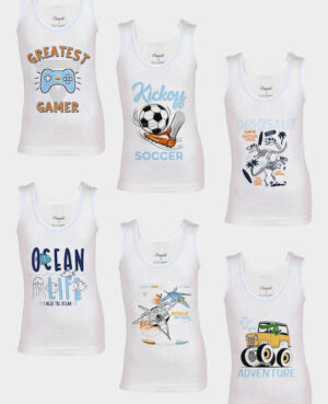 Παιδικό Φανελάκι χωρίς μανίκι 100% Βαμβάκι με Παιδικές Παραστάσεις για αγόρια – Λευκό | 2-12 Ετών .